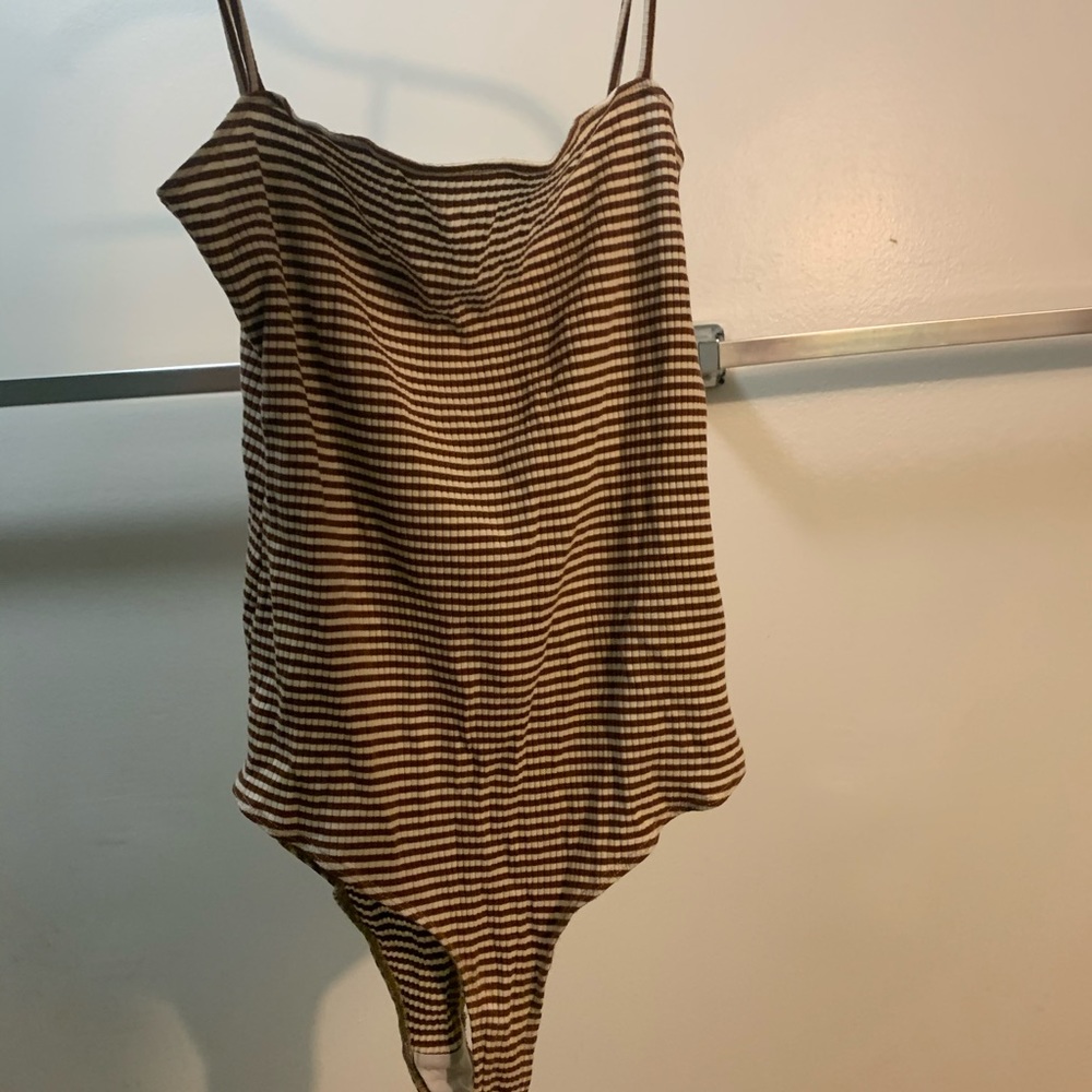 Brown and white striped reformation bodysuit